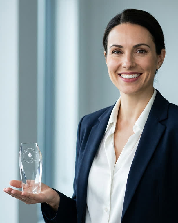 A 2026 Entrepreneur Award winner holding the crystal award.