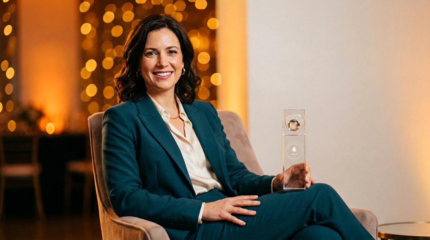 A winner of the 2026 Entrepreneur Award holding the crystal award etched with the winner seal.